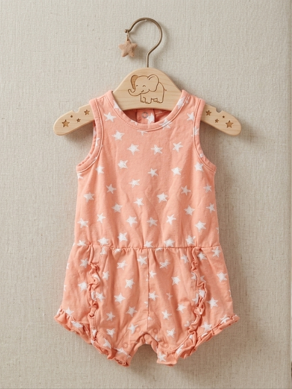 Focus Kids Baby Girl Salmon Pink Sleeveless Star Print Ruffle Romper Size 3M